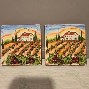 Italian Tuscan Vineyard Handpainted Ceramic Tile. Set Of 2.